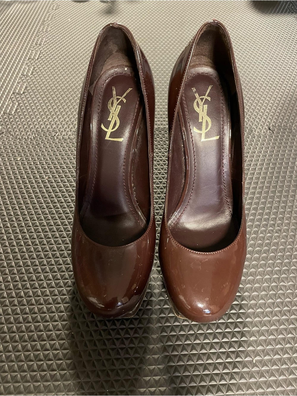 YSL Tribute Brown Patent Leather Round-Toe Platform Pumps